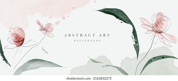 Resumen del vector de fondo de arte. Papel pintado de estilo minimalista con arte de líneas, flores, follaje, hojas botánicas, acuarela. Fondo vectorial de Blossom para banner, afiche, web y embalaje.