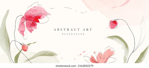 Abstract art background vector. Minimal style wallpaper with line art, flowers, foliage, and botanical leaves, watercolor. Blossom vector background for banner, poster, web and packaging.