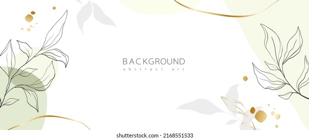 Abstract art background vector. Minimal style wallpaper with golden line art flower and botanical leaves, Organic shapes, Watercolor. Vector background for banner, poster, Web and packaging.