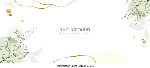 Abstract art background vector. Minimal style wallpaper with golden line art flower and botanical leaves, Organic shapes, Watercolor. Vector background for banner, poster, Web and packaging.