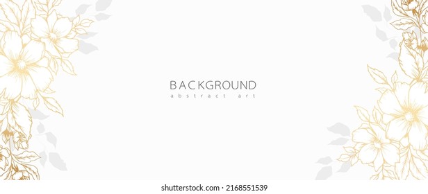 Abstract art background vector. Minimal style wallpaper with golden line art flower and botanical leaves, Organic shapes, Watercolor. Vector background for banner, poster, Web and packaging.