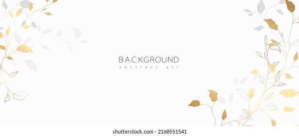 Abstract art background vector. Minimal style wallpaper with golden line art flower and botanical leaves, Organic shapes, Watercolor. Vector background for banner, poster, Web and packaging.