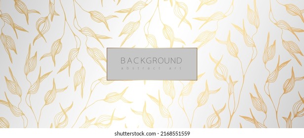 Resumen del vector de fondo de arte. Papel de pared de estilo minimalista con flor de arte de línea dorada y hojas botánicas, Formas orgánicas, acuarela. Fondo vectorial para banner, afiche, web y empaque.