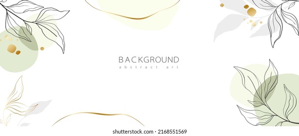 Abstract art background vector. Minimal style wallpaper with golden line art flower and botanical leaves, Organic shapes, Watercolor. Vector background for banner, poster, Web and packaging.