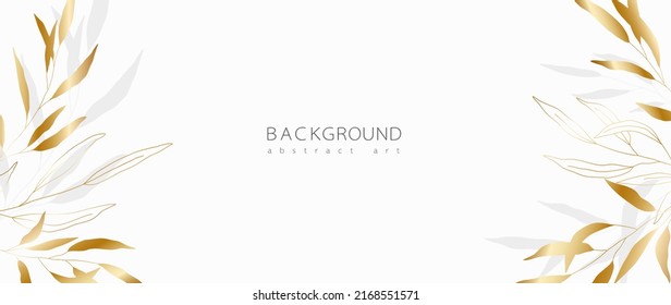 Abstract art background vector. Minimal style wallpaper with golden line art flower and botanical leaves, Organic shapes, Watercolor. Vector background for banner, poster, Web and packaging.