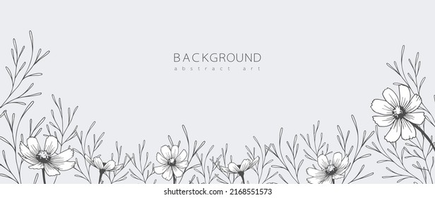 Abstract art background vector. Minimal style wallpaper with line art flower and botanical leaves, Organic shapes, Watercolor. Vector background for banner, poster, Web and packaging.