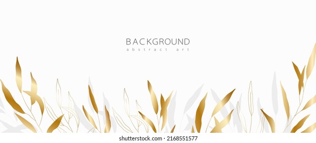 Abstract art background vector. Minimal style wallpaper with golden line art flower and botanical leaves, Organic shapes, Watercolor. Vector background for banner, poster, Web and packaging.