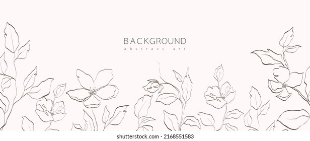 Abstract art background vector. Minimal style wallpaper with line art flower and botanical leaves, Organic shapes, Watercolor. Vector background for banner, poster, Web and packaging.