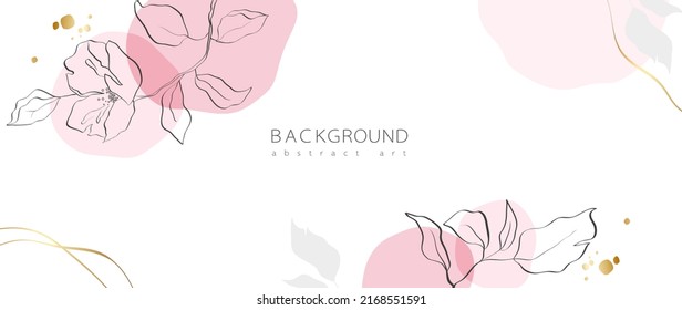 Abstract art background vector. Minimal style wallpaper with golden line art flower and botanical leaves, Organic shapes, Watercolor. Vector background for banner, poster, Web and packaging.