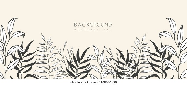 Abstract art background vector. Minimal style wallpaper with line art flower and botanical leaves, Organic shapes, Watercolor. Vector background for banner, poster, Web and packaging.