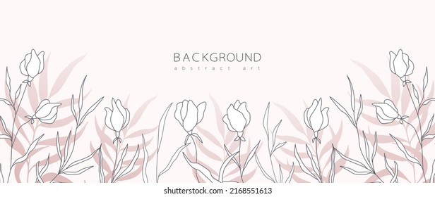 Abstract art background vector. Minimal style wallpaper with line art flower and botanical leaves, Organic shapes, Watercolor. Vector background for banner, poster, Web and packaging.