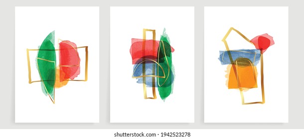 Abstract art background vector. Modern gold shape line art wallpaper.  Minimalist hand painted illustrations with watercolor stain texture for home deco, wall art, Social media story background.