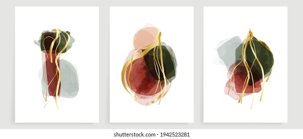 Abstract art background vector. Modern gold shape line art wallpaper.  Minimalist hand painted illustrations with watercolor stain texture for home deco, wall art, Social media story background.