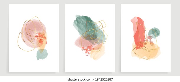 Abstract art background vector. Modern gold shape line art wallpaper.  Minimalist hand painted illustrations with watercolor stain texture for home deco, wall art, Social media story background.