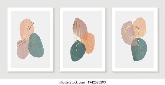 Abstract art background vector. Modern gold shape line art wallpaper.  Minimalist hand painted illustrations with watercolor stain texture for home deco, wall art, Social media story background.