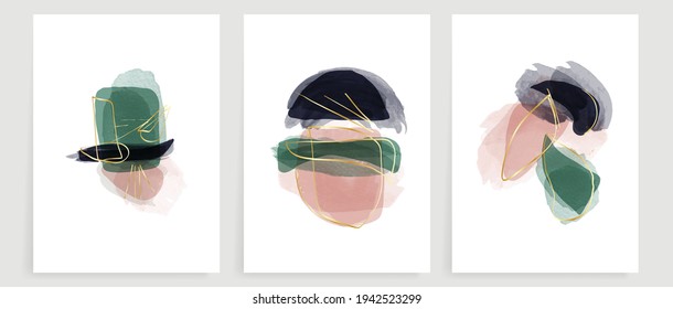 Abstract art background vector. Modern gold shape line art wallpaper.  Minimalist hand painted illustrations with watercolor stain texture for home deco, wall art, Social media story background.