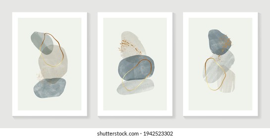 Abstract art background vector. Modern gold shape line art wallpaper.  Minimalist hand painted illustrations with watercolor stain texture for home deco, wall art, Social media story background.