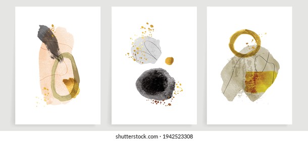 Abstract art background vector. Modern gold shape line art wallpaper.  Minimalist hand painted illustrations with watercolor stain texture for home deco, wall art, Social media story background.