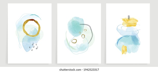 Abstract art background vector. Modern gold shape line art wallpaper.  Minimalist hand painted illustrations with watercolor stain texture for home deco, wall art, Social media story background.