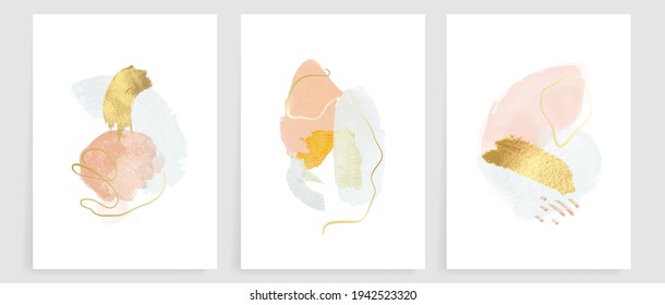Abstract art background vector. Modern gold shape line art wallpaper.  Minimalist hand painted illustrations with watercolor stain texture for home deco, wall art, Social media story background.