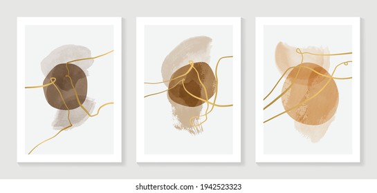 Abstract art background vector. Modern gold shape line art wallpaper.  Minimalist hand painted illustrations with watercolor stain texture for home deco, wall art, Social media story background.