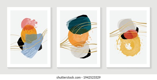Abstract art background vector. Modern gold shape line art wallpaper.  Minimalist hand painted illustrations with watercolor stain texture for home deco, wall art, Social media story background.