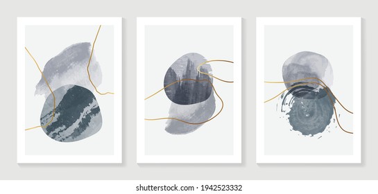 Abstract art background vector. Modern gold shape line art wallpaper.  Minimalist hand painted illustrations with watercolor stain texture for home deco, wall art, Social media story background.