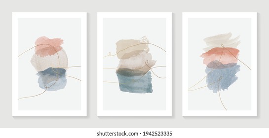 Abstract art background vector. Modern gold shape line art wallpaper.  Minimalist hand painted illustrations with watercolor stain texture for home deco, wall art, Social media story background.