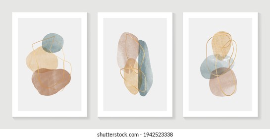 Resumen del vector de fondo de arte. Papel mural moderno de líneas de arte dorado.  Ilustraciones minimalistas pintadas a mano con textura de mancha de acuarela para deco doméstico, arte de pared, fondo de historia de medios sociales.