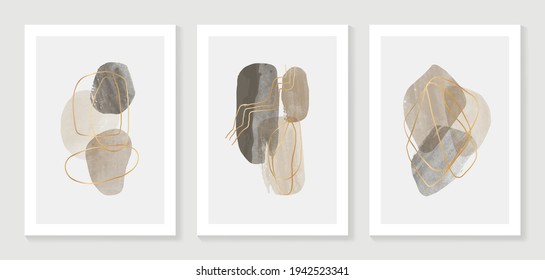 Abstract art background vector. Modern gold shape line art wallpaper.  Minimalist hand painted illustrations with watercolor stain texture for home deco, wall art, Social media story background.