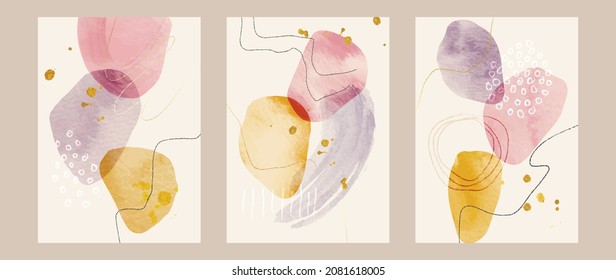 Abstract art background vector. Modern Nature shape line art wallpaper.  Minimalist hand painted illustrations with watercolor stain texture for home deco, wall art, Social media story background.