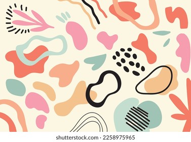 Abstrakter Kunsthintergrund, Vektorgrafik. Moderne Tapete im minimalistischen Stil mit bunten Linien, Blumen, organischen Formen und botanischen Blättern. Vektorhintergrund für Banner, Poster, Web und Verpackung.