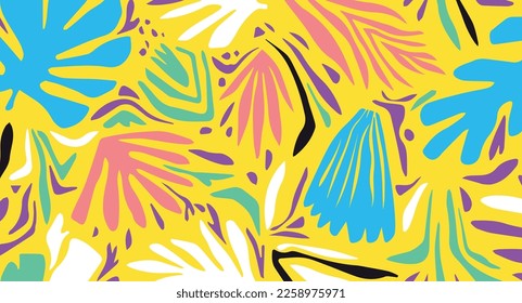 Abstract art background vector. Modern minimal style wallpaper with colorful lines, flowers, organic shapes and botanical leaves. Vector background for banner, poster, Web and packaging.