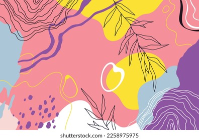 Abstract art background vector. Modern minimal style wallpaper with colorful lines, flowers, organic shapes and botanical leaves. Vector background for banner, poster, Web and packaging.