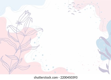 Resumen del vector de fondo de arte con plantas de flores pastel. Peleas románticas, hojas tropicales de palma, flor, follaje brillante.