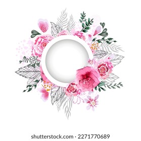 Resumen del vector de fondo de arte. Marco de acuarela floral redondo para texto. Ilustración del vector