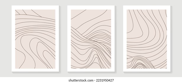 Abstract art background vector set. Minimalist modern contour drawing. Contemporary abstract curve line art design illustration for wall art, wallpaper, home decoration, cover, printable painting.