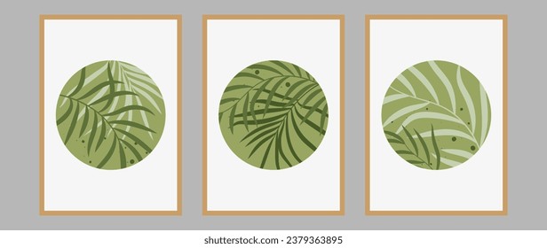Abstract art background vector. Tropical art wallpaper with modern shape. Boho foliage, botanical leaves, tropical in a circle. Design for home decor, wall art, poster.	