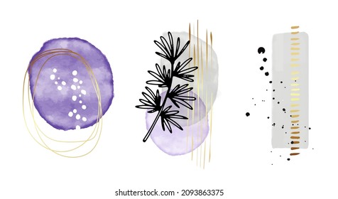 Abstract art background vector. Violet Modern Gold shape line art with black plant, Minimalist hand painted illustrations  for home deco, wall art, Social media story background