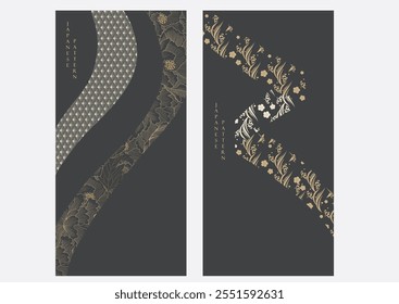 Abstract art background in vintage style. Chinese new year banner and card design. Hand drawn flower and peony flower with Japanese pattern vector. Contemporary shapes in vintage template