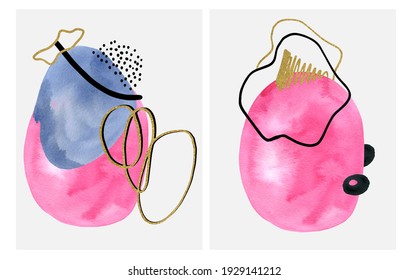 Abstract art background with watercolor stain elements vector. Painting brush texture decoration with art acrylic gold poster design. Blue and pink shapes