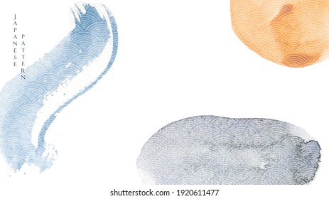 Abstract art background with watercolor texture vector. Brush stroke decoration with Japanese wave pattern in vintage style.