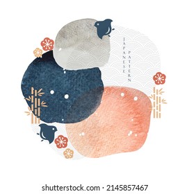 Abstract art background with watercolor texture vector. Japanese icon banner design with Geometric pattern texture. Birds, bamboo and cherry blossom flower element.