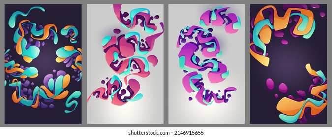 Abstract art backgrounds, modular painting arts with colorful 3d liquid glossy swirls and stains. Intertwined shapes, paint elements, textured decoration, modern design posters, Vector illustration