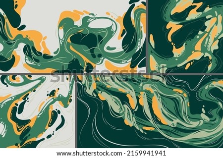 Abstract art backgrounds, modular painting arts with green and yellow liquid stains, swirls, shapes, linear and grunge elements. Paint brush texture decoration, modular posters Vector illustration set