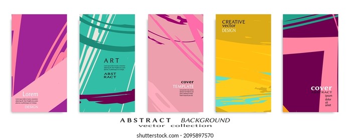 Abstract art backgrounds set. Minimal trendy paint brush strokes pattern with copy space for text design for Invitation, Party card,Social Highlight Covers and stories page. Vector illustration
