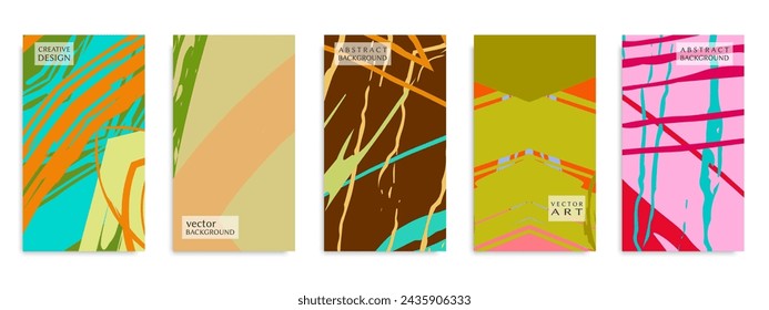 Abstract art backgrounds set. Minimal trendy paint brush strokes pattern with copy space for text design for Invitation, Party card,Social Highlight Covers and stories page. Vector illustration