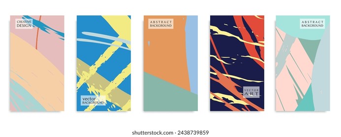 Abstract art backgrounds set. Minimal trendy paint brush strokes pattern with copy space for text design for Invitation, Party card,Social Highlight Covers and stories page. Vector illustration