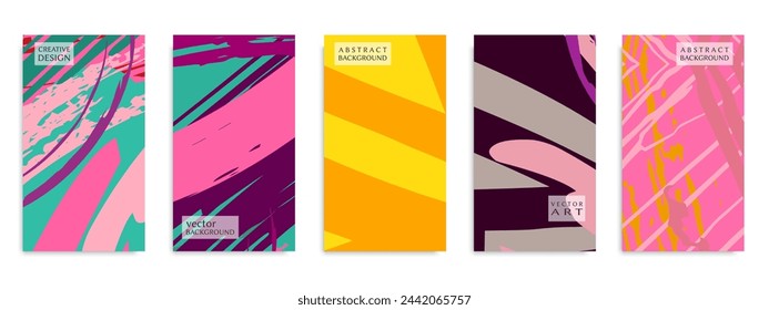 Abstract art backgrounds set. Minimal trendy paint brush strokes pattern with copy space for text design for Invitation, Party card,Social Highlight Covers and stories page. Vector illustration