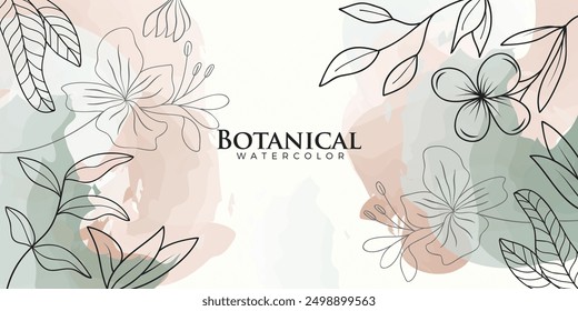 Abstract art banner featuring watercolor leaves branches combined with hand-drawn doodle scribble floral plants.